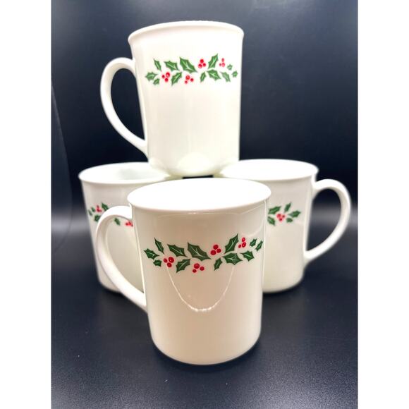 Corning Corelle Winter Holly Christmas Mugs Vintage Set of 4 Holiday Tableware - Picture 2 of 6